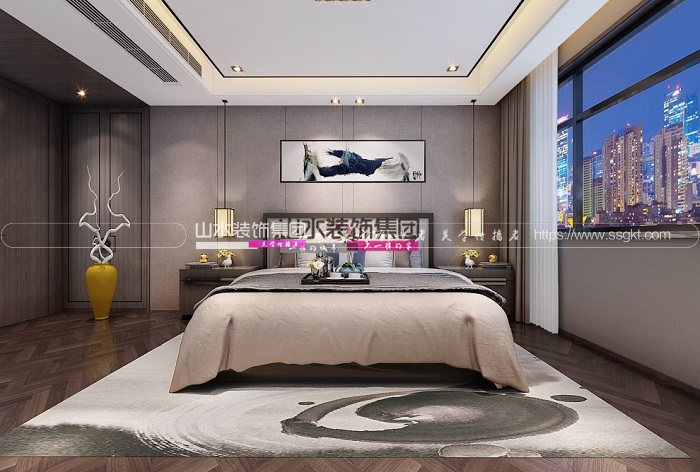 新中式万科城市之光别墅卧室装修效果图