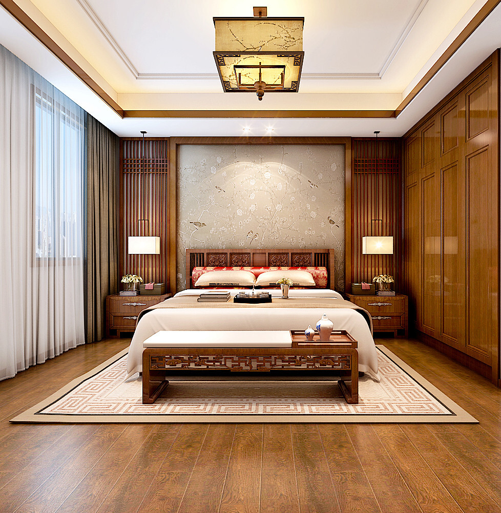 卧室选用的是类似于明清的木质家具，给人整体庄重感