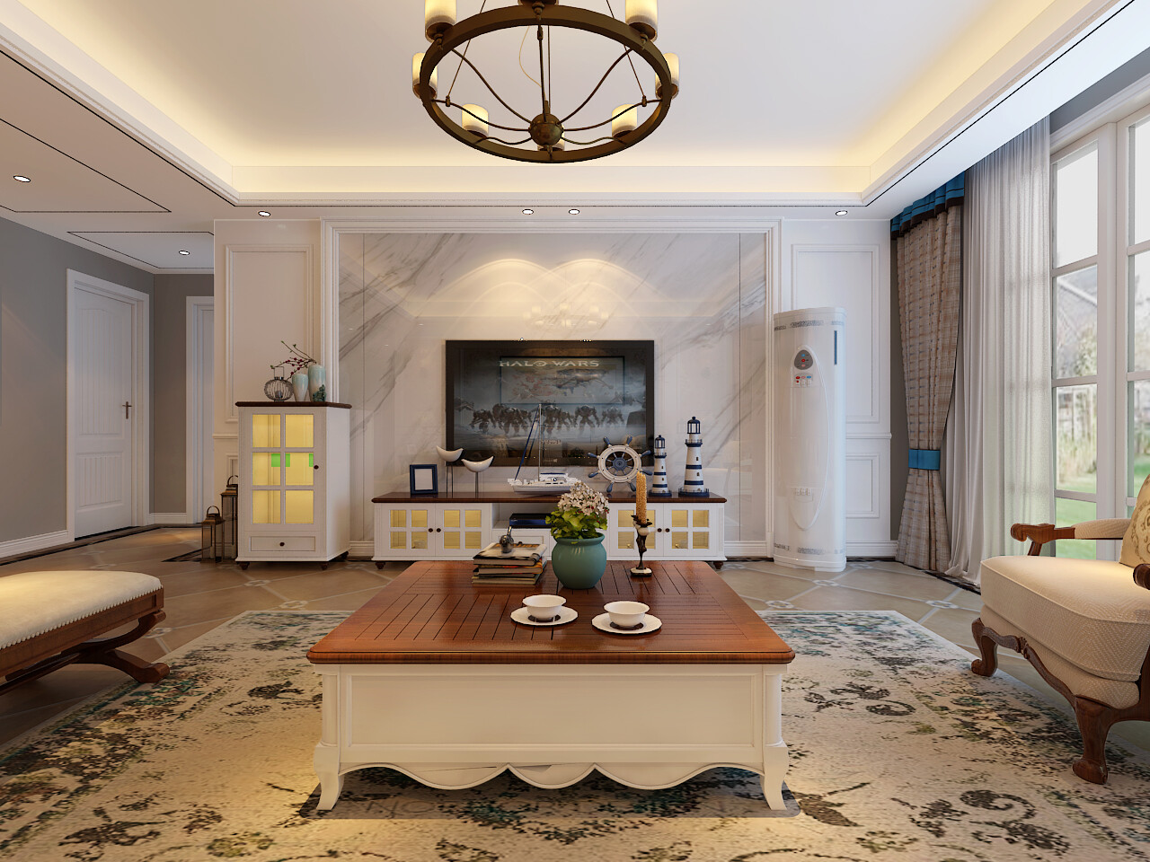 客厅选用石材与饰面板相结合设计对称美